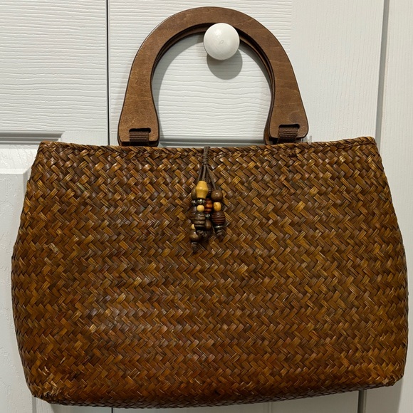 St. John's Bay Handbags - St. John’s Bay Brown Woven Purse with Wood Handles and Bead Accents
